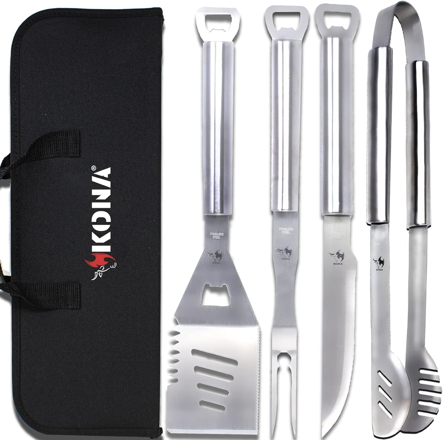 Kona Smoker Tools Set - Stainless-Steel Spatula, Tongs, Fork, Knife, Openers & Case