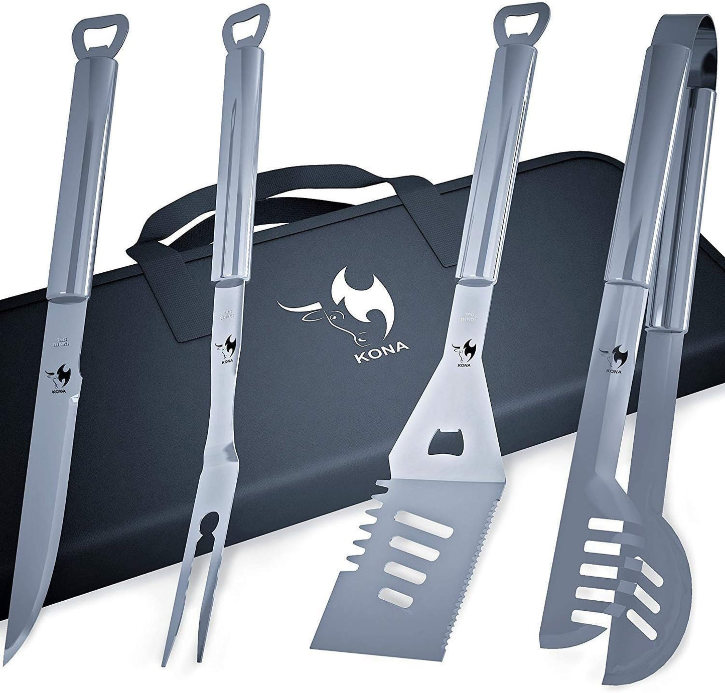 Kona Smoker Tools Set - Stainless-Steel Spatula, Tongs, Fork, Knife, Openers & Case