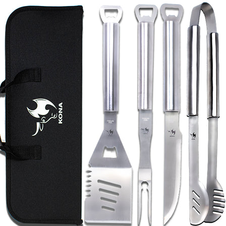 Kona Smoker Tools Set - Stainless-Steel Spatula, Tongs, Fork, Knife, Openers & Case